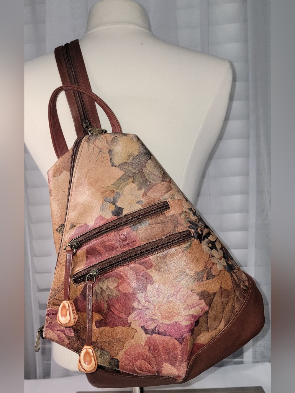 CHIARINI Floral Print Wedge Backpack Sling Bag - Brown Floral